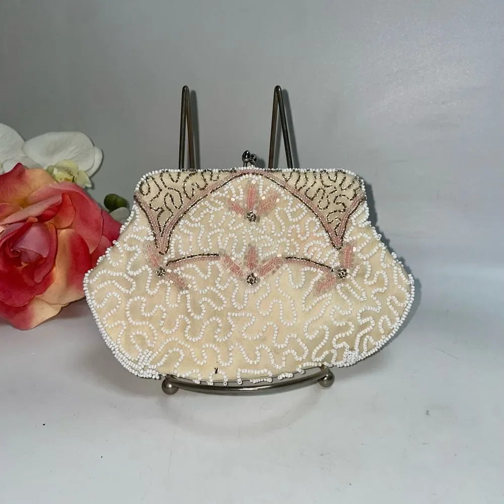 Elegant Saks Fifth Avenue Cream Beaded Clutch